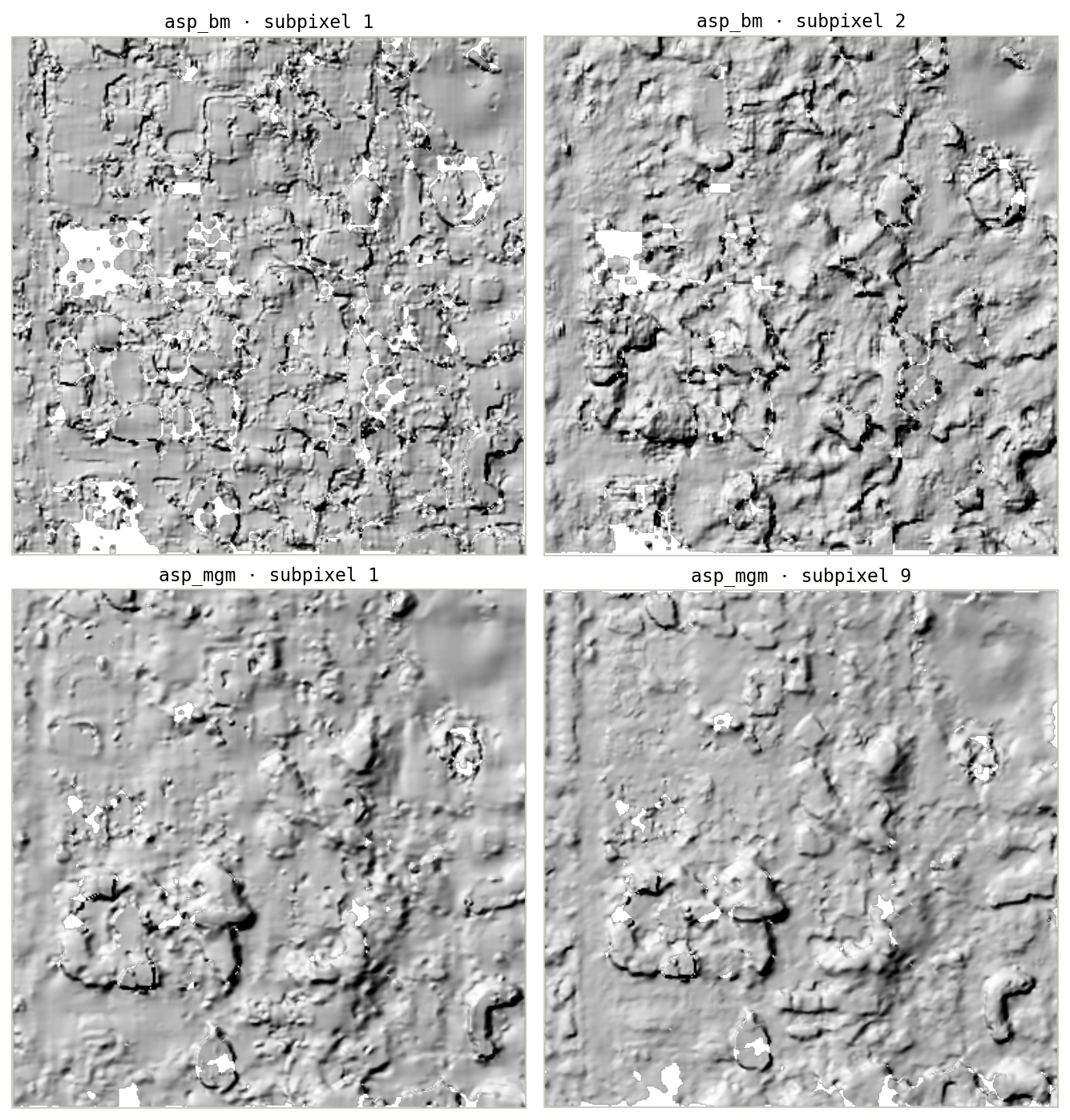 The same WorldView crop run with two matchers and two subpixel modes